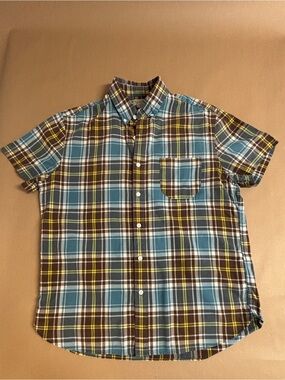 🤎🩵 J. Crew VINTAGE Madras Short-Sleeve Plaid Button-Up Shirt in Blue and Brown